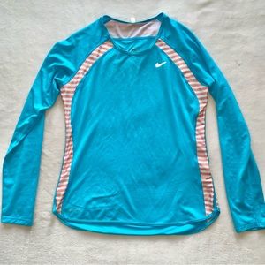 Nike Dri-Fit long-sleeve running shirt (blue and coral stripes)
